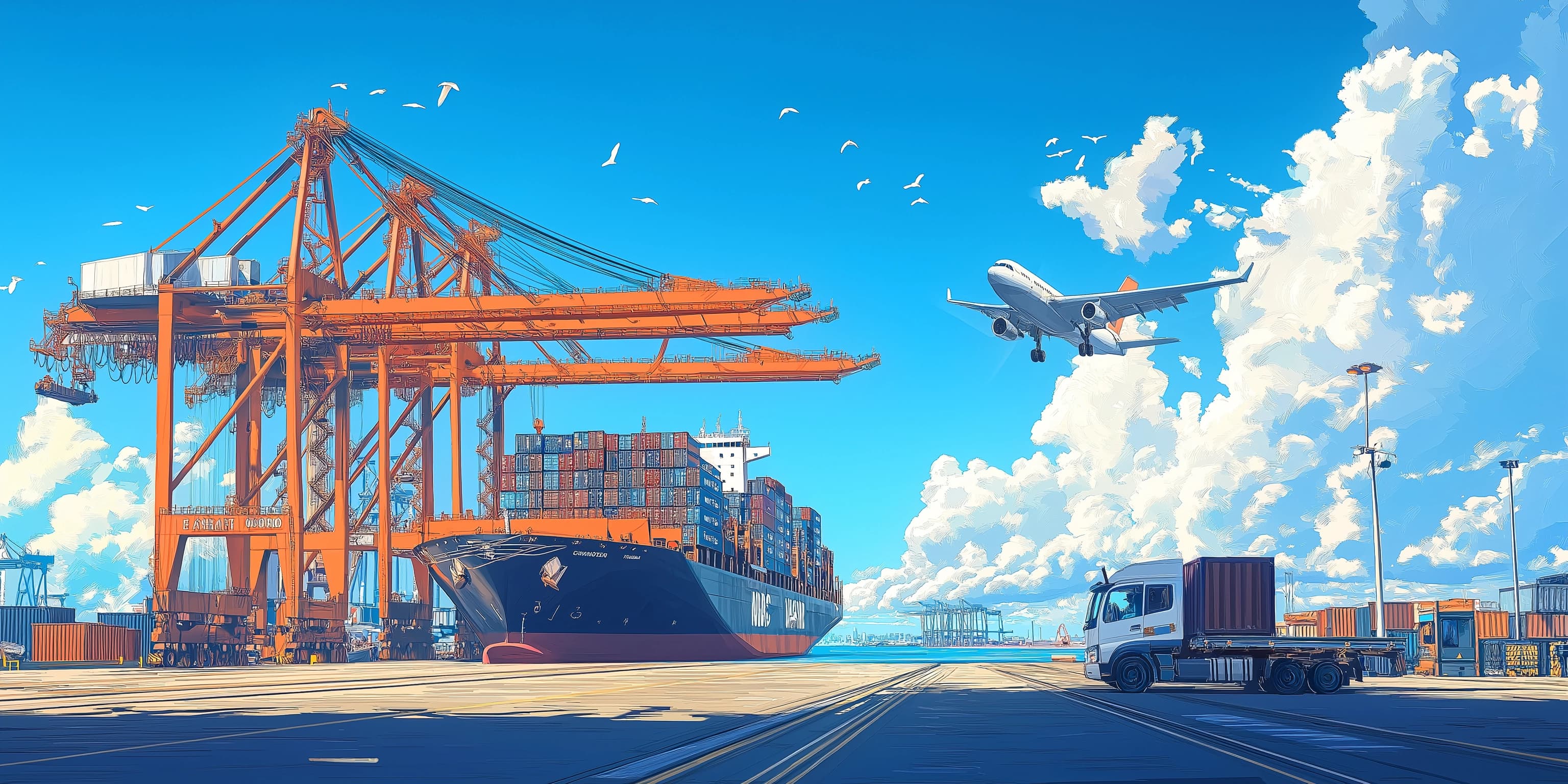 Logistics port with cargo ship and cranes